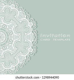 Invitation or Card template with lacе frame border, doodle line pattern, mandala element. Decorative openwork filigree art background for Wedding, Valentine's day greeting card, Birthday Invitation