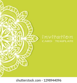 Invitation or Card template with lacе frame border, doodle line pattern, mandala element. Decorative openwork filigree art background for Wedding, Valentine's day greeting card, Birthday Invitation