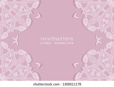 Invitation or Card template with lacе frame border, doodle line pattern, mandala element. Decorative openwork filigree art background for Wedding, Valentine's day greeting card, Birthday Invitation