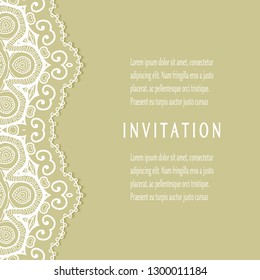 Invitation or Card template with lacе frame border, doodle line pattern, mandala element. Decorative openwork filigree art background for Wedding, Valentine's day greeting card, Birthday Invitation