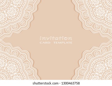 Invitation or Card template with lacе frame border, doodle line pattern, mandala element. Decorative openwork filigree art background for Wedding, Valentine's day greeting card, Birthday Invitation
