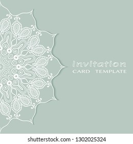 Invitation or Card template with lacе frame border, doodle line pattern, mandala element. Decorative openwork filigree art background for Wedding, Valentine's day greeting card, Birthday Invitation