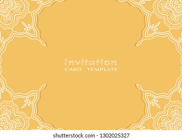 Invitation or Card template with lacе frame border, doodle line pattern, mandala element. Decorative openwork filigree art background for Wedding, Valentine's day greeting card, Birthday Invitation
