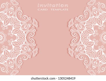 Invitation or Card template with lacе frame border, doodle line pattern, mandala element. Decorative openwork filigree art background for Wedding, Valentine's day greeting card, Birthday Invitation