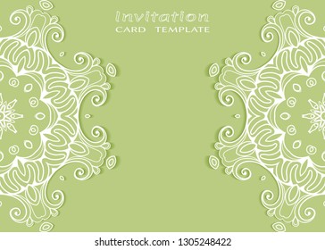 Invitation or Card template with lacе frame border, doodle line pattern, mandala element. Decorative openwork filigree art background for Wedding, Valentine's day greeting card, Birthday Invitation