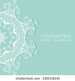 Invitation or Card template with lacе frame border, doodle line pattern, mandala element. Decorative openwork filigree art background for Wedding, Valentine's day greeting card, Birthday Invitation