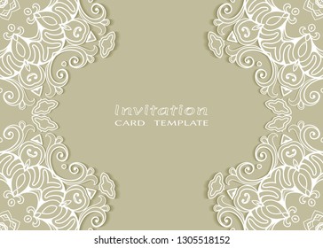 Invitation or Card template with lacе frame border, doodle line pattern, mandala element. Decorative openwork filigree art background for Wedding, Valentine's day greeting card, Birthday Invitation