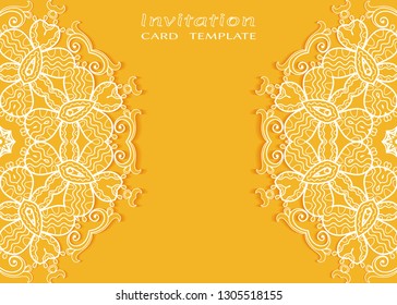 Invitation or Card template with lacе frame border, doodle line pattern, mandala element. Decorative openwork filigree art background for Wedding, Valentine's day greeting card, Birthday Invitation