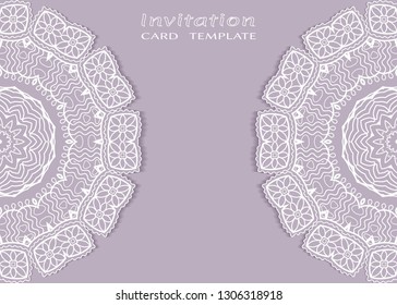 Invitation or Card template with lacе frame border, doodle line pattern, mandala element. Decorative openwork filigree art background for Wedding, Valentine's day greeting card, Birthday Invitation