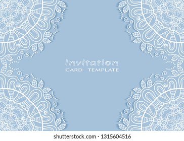 Invitation or Card template with lacе frame border, doodle line pattern, mandala element. Decorative openwork filigree art background for Wedding, Valentine's day greeting card, Birthday Invitation