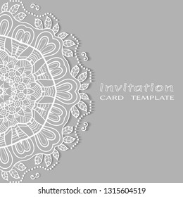 Invitation or Card template with lacе frame border, doodle line pattern, mandala element. Decorative openwork filigree art background for Wedding, Valentine's day greeting card, Birthday Invitation