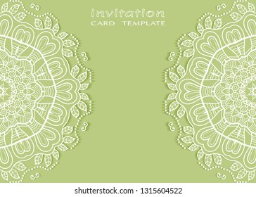 Invitation or Card template with lacе frame border, doodle line pattern, mandala element. Decorative openwork filigree art background for Wedding, Valentine's day greeting card, Birthday Invitation