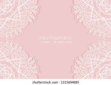Invitation or Card template with lacе frame border, doodle line pattern, mandala element. Decorative openwork filigree art background for Wedding, Valentine's day greeting card, Birthday Invitation