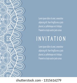 Invitation or Card template with lacе frame border, doodle line pattern, mandala element. Decorative openwork filigree art background for Wedding, Valentine's day greeting card, Birthday Invitation
