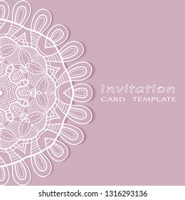 Invitation or Card template with lacе frame border, doodle line pattern, mandala element. Decorative openwork filigree art background for Wedding, Valentine's day greeting card, Birthday Invitation