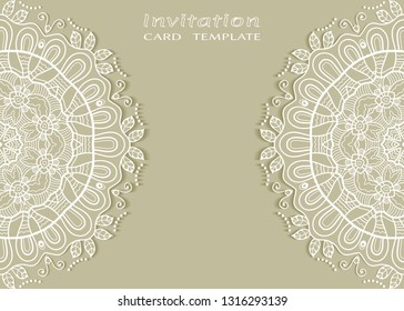 Invitation or Card template with lacе frame border, doodle line pattern, mandala element. Decorative openwork filigree art background for Wedding, Valentine's day greeting card, Birthday Invitation