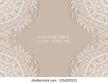 Invitation or Card template with lacе frame border, doodle line pattern, mandala element. Decorative openwork filigree art background for Wedding, Valentine's day greeting card, Birthday Invitation