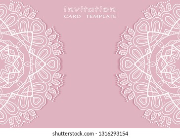 Invitation or Card template with lacе frame border, doodle line pattern, mandala element. Decorative openwork filigree art background for Wedding, Valentine's day greeting card, Birthday Invitation