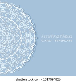 Invitation or Card template with lacе frame border, doodle line pattern, mandala element. Decorative openwork filigree art background for Wedding, Valentine's day greeting card, Birthday Invitation
