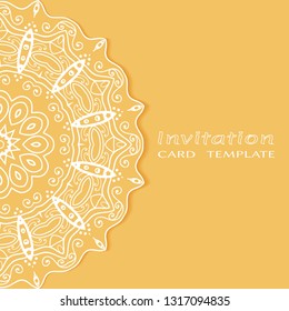 Invitation or Card template with lacе frame border, doodle line pattern, mandala element. Decorative openwork filigree art background for Wedding, Valentine's day greeting card, Birthday Invitation