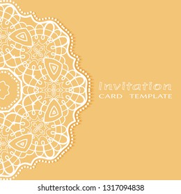 Invitation or Card template with lacе frame border, doodle line pattern, mandala element. Decorative openwork filigree art background for Wedding, Valentine's day greeting card, Birthday Invitation