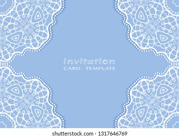 Invitation or Card template with lacе frame border, doodle line pattern, mandala element. Decorative openwork filigree art background for Wedding, Valentine's day greeting card, Birthday Invitation
