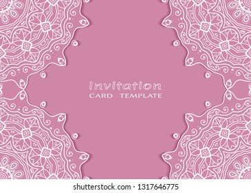 Invitation or Card template with lacе frame border, doodle line pattern, mandala element. Decorative openwork filigree art background for Wedding, Valentine's day greeting card, Birthday Invitation