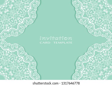 Invitation or Card template with lacе frame border, doodle line pattern, mandala element. Decorative openwork filigree art background for Wedding, Valentine's day greeting card, Birthday Invitation