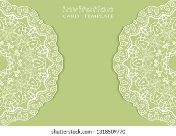 Invitation or Card template with lacе frame border, doodle line pattern, mandala element. Decorative openwork filigree art background for Wedding, Valentine's day greeting card, Birthday Invitation