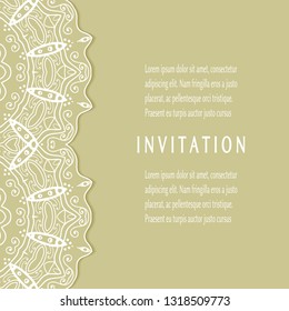 Invitation or Card template with lacе frame border, doodle line pattern, mandala element. Decorative openwork filigree art background for Wedding, Valentine's day greeting card, Birthday Invitation