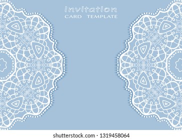 Invitation or Card template with lacе frame border, doodle line pattern, mandala element. Decorative openwork filigree art background for Wedding, Valentine's day greeting card, Birthday Invitation