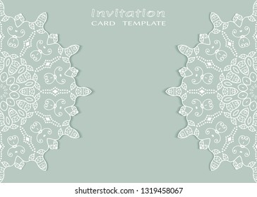 Invitation or Card template with lacе frame border, doodle line pattern, mandala element. Decorative openwork filigree art background for Wedding, Valentine's day greeting card, Birthday Invitation