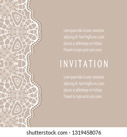 Invitation or Card template with lacе frame border, doodle line pattern, mandala element. Decorative openwork filigree art background for Wedding, Valentine's day greeting card, Birthday Invitation