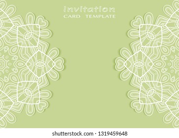 Invitation or Card template with lacе frame border, doodle line pattern, mandala element. Decorative openwork filigree art background for Wedding, Valentine's day greeting card, Birthday Invitation