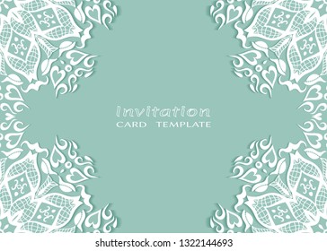 Invitation or Card template with lacе frame border, doodle line pattern, mandala element. Decorative openwork filigree art background for Wedding, Valentine's day greeting card, Birthday Invitation
