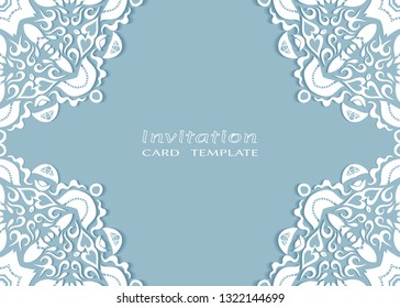 Invitation or Card template with lacе frame border, doodle line pattern, mandala element. Decorative openwork filigree art background for Wedding, Valentine's day greeting card, Birthday Invitation