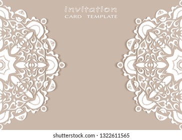 Invitation or Card template with lacе frame border, doodle line pattern, mandala element. Decorative openwork filigree art background for Wedding, Valentine's day greeting card, Birthday Invitation