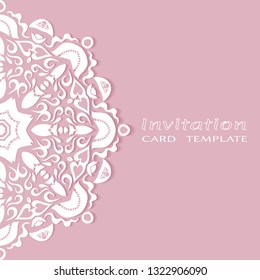 Invitation or Card template with lacе frame border, doodle line pattern, mandala element. Decorative openwork filigree art background for Wedding, Valentine's day greeting card, Birthday Invitation