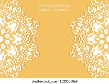 Invitation or Card template with lacе frame border, doodle line pattern, mandala element. Decorative openwork filigree art background for Wedding, Valentine's day greeting card, Birthday Invitation