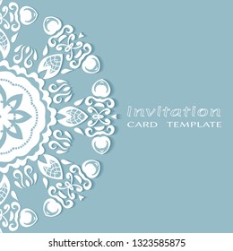 Invitation or Card template with lacе frame border, doodle line pattern, mandala element. Decorative openwork filigree art background for Wedding, Valentine's day greeting card, Birthday Invitation