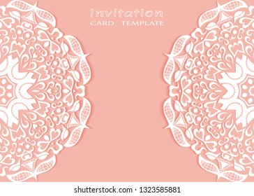 Invitation or Card template with lacе frame border, doodle line pattern, mandala element. Decorative openwork filigree art background for Wedding, Valentine's day greeting card, Birthday Invitation