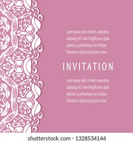 Invitation or Card template with lacе frame border, doodle line pattern, mandala element. Decorative openwork filigree art background for Wedding, Valentine's day greeting card, Birthday Invitation