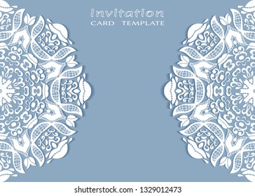Invitation or Card template with lacе frame border, doodle line pattern, mandala element. Decorative openwork filigree art background for Wedding, Valentine's day greeting card, Birthday Invitation