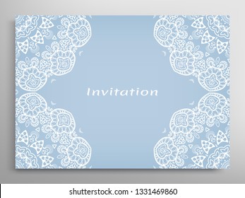 Invitation or Card template with lacе frame border, doodle line pattern, mandala element. Decorative openwork filigree art background for Wedding, Valentine's day greeting card, Birthday Invitation