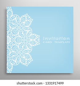 Invitation or Card template with lacе frame border, doodle line pattern, mandala element. Decorative openwork filigree art background for Wedding, Valentine's day greeting card, Birthday Invitation