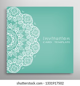Invitation or Card template with lacе frame border, doodle line pattern, mandala element. Decorative openwork filigree art background for Wedding, Valentine's day greeting card, Birthday Invitation