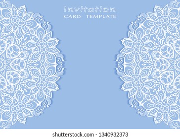 Invitation or Card template with lacе frame border, doodle line pattern, mandala element. Decorative openwork filigree art background for Wedding, Valentine's day greeting card, Birthday Invitation