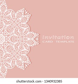 Invitation or Card template with lacе frame border, doodle line pattern, mandala element. Decorative openwork filigree art background for Wedding, Valentine's day greeting card, Birthday Invitation
