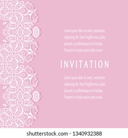 Invitation or Card template with lacе frame border, doodle line pattern, mandala element. Decorative openwork filigree art background for Wedding, Valentine's day greeting card, Birthday Invitation