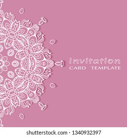 Invitation or Card template with lacе frame border, doodle line pattern, mandala element. Decorative openwork filigree art background for Wedding, Valentine's day greeting card, Birthday Invitation